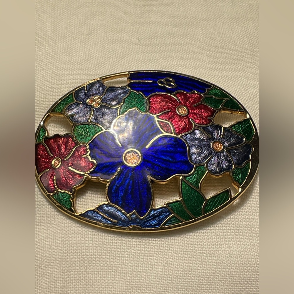 Oval Floral Cloisonné Brooch Pin